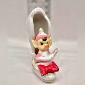 Cute MCM Miniature Pixie playing on a High Heel Shoe 1950s MCM Japan Figurine